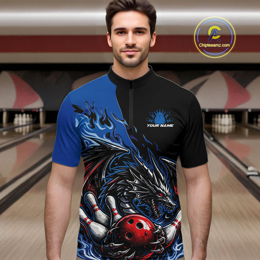 Custom Blue And Red Dragon Bowling Men Quarter-Zip Team Shirt, Dragon Bowling League Shirts IPHW10368