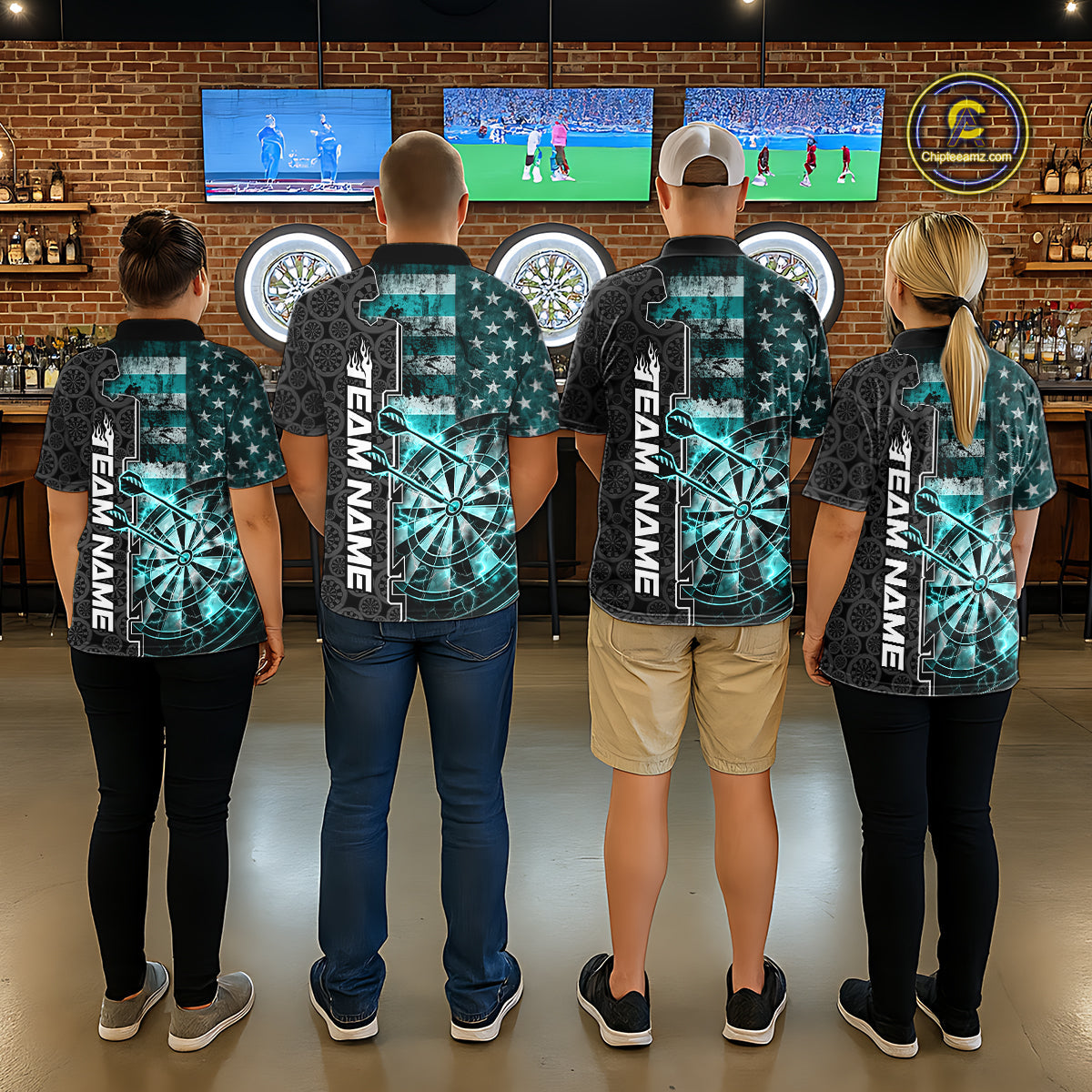Custom Turquoise Blue Lightning US Flag Dartboard Patriotic Dart Team Men Polo Shirt IPHW10391