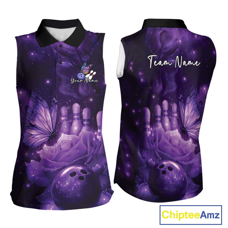 Custom Purple Butterfly And Roses Bowling Women Sleeveless Polo Shirts, Ladies Bowling Team IPHW10877