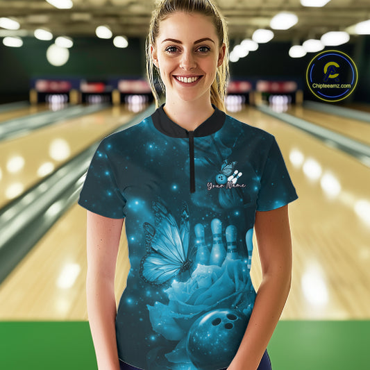 Custom Blue Butterfly And Roses Bowling Women Quarter-Zip Shirts, Ladies Bowling Team IPHW10880