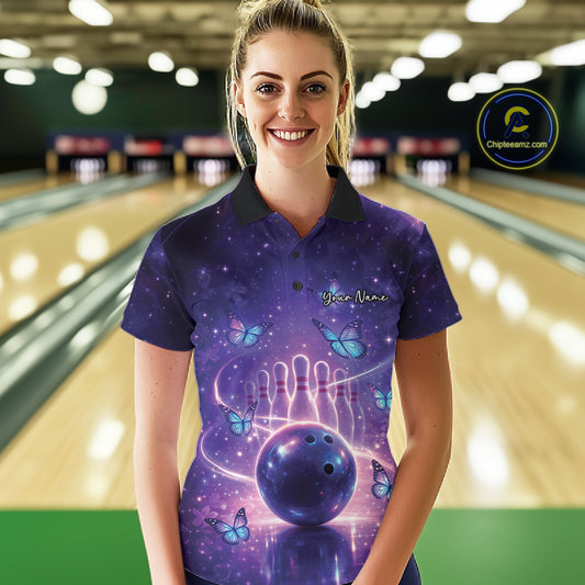 Custom Blue And Purple Butterfly Women Bowling Polo Shirt, Ladies Bowling League Shirt IPHW10925