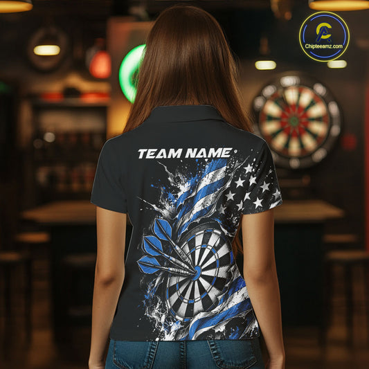 Custom Patriotic Bullseye Dart Women Polo Shirt, Blue American Flag Dart Team Jersey IPHW12536