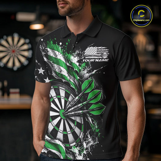 Custom Patriotic Bullseye Dart Men Polo Shirt, Green American Flag Dart Team Jersey IPHW12538