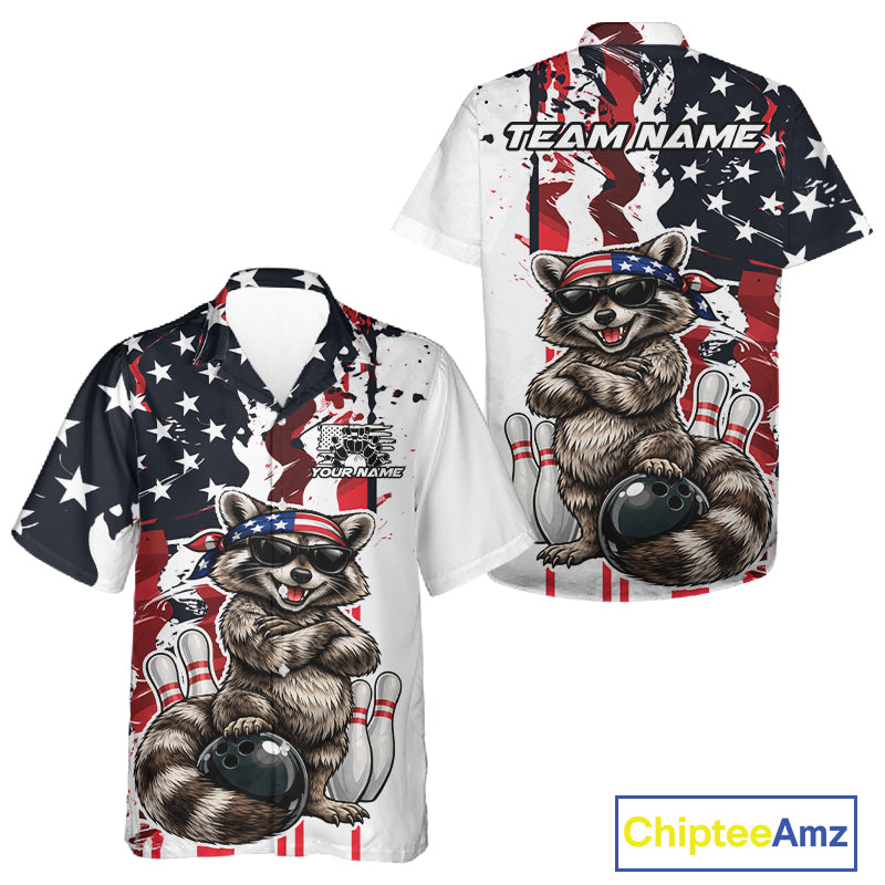 Custom American Flag Funny Raccoon Bowling Men And Women Button Up Shirt, Patriotic Bowling Jersey IPHW12156