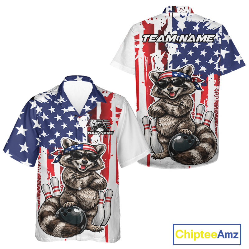 Custom Patriotic Funny Raccoon Bowling Men And Women Button Up Shirt, American Flag Bowling Jersey IPHW12157