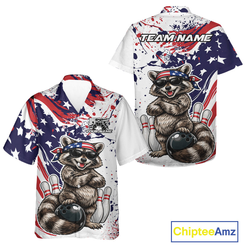 Custom Patriotic Funny Raccoon Bowling Men And Women Button Up Shirt, Splatter US Flag Bowling Jersey IPHW12159