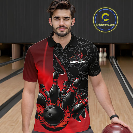 Front view of a male model in a bowling lane wearing a black and red polo shirt with flaming black bowling ball striking pins and dynamic sports graphics.