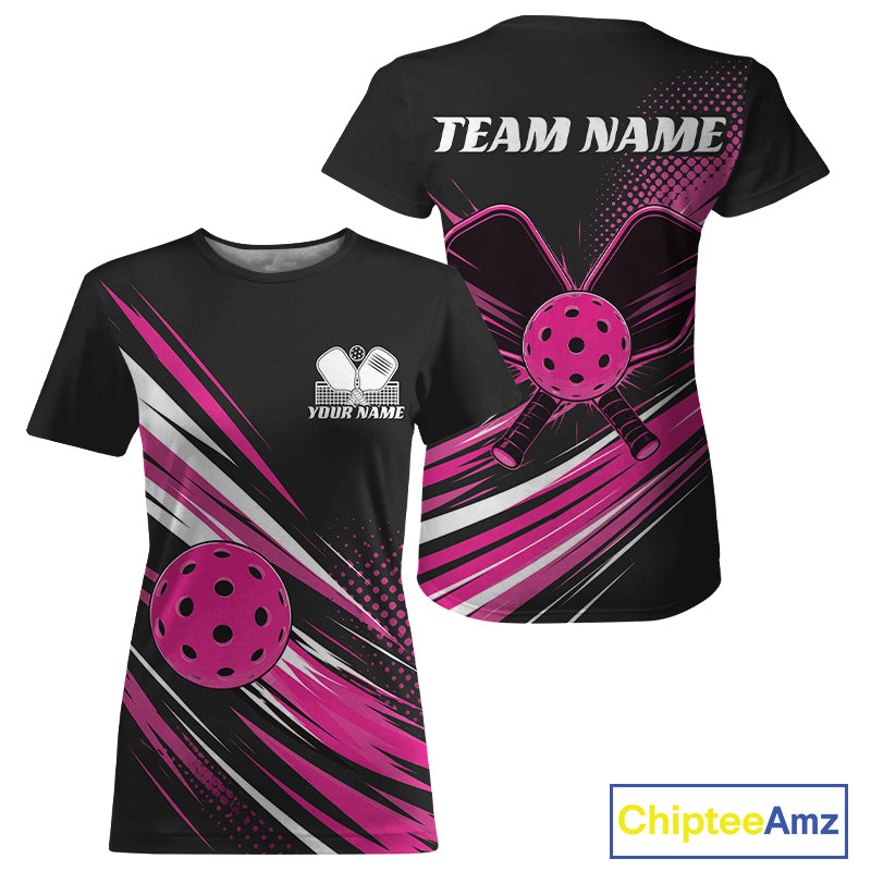 Custom Black And Pink Pickleball Women T-Shirts, Pickleball Tournament Team IPHW11892