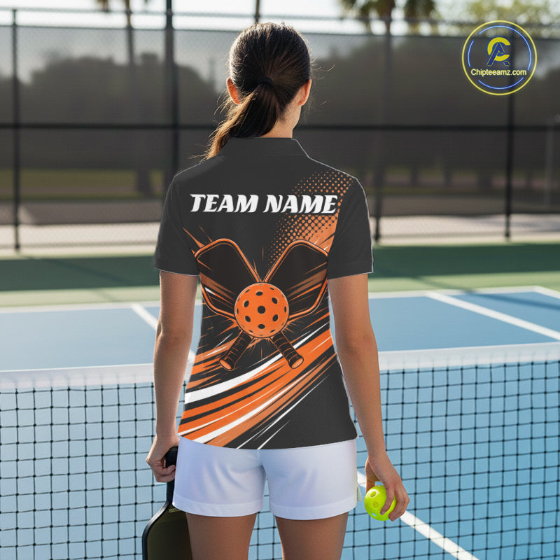 Custom Black And Orange Pickleball Women Polo Shirt, Pickleball Tournament Team Shirt IPHW11893