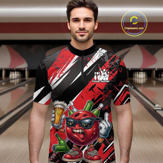 Custom Funny Bowling Ball Drink Beer Bowling Men Quarter-Zip Shirt, Grunge Red Team Shirt IPHW10117