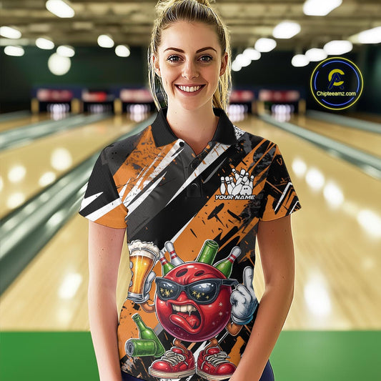 Custom Funny Bowling Ball Drink Beer Bowling Women Polo Shirt, Grunge Orange Team Shirt IPHW10118