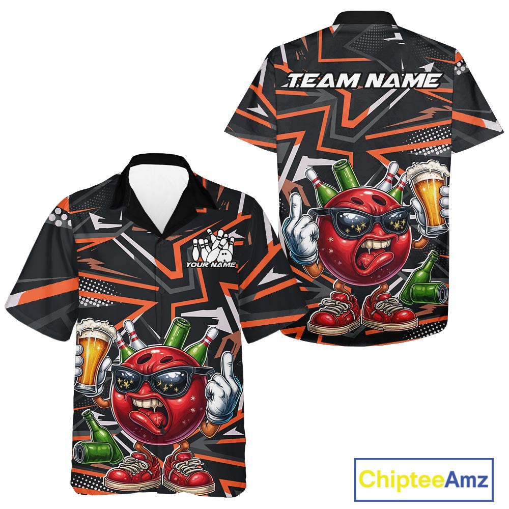 Custom Funny Bowling Ball Drink Beer Bowling Men And Women Hawaiian Shirt, Orange Bowling Team Shirt IPHW10121