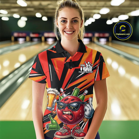 Custom Funny Bowling Ball Drink Beer Bowling Women Polo Shirt, Orange Bowling Team Shirt IPHW10122