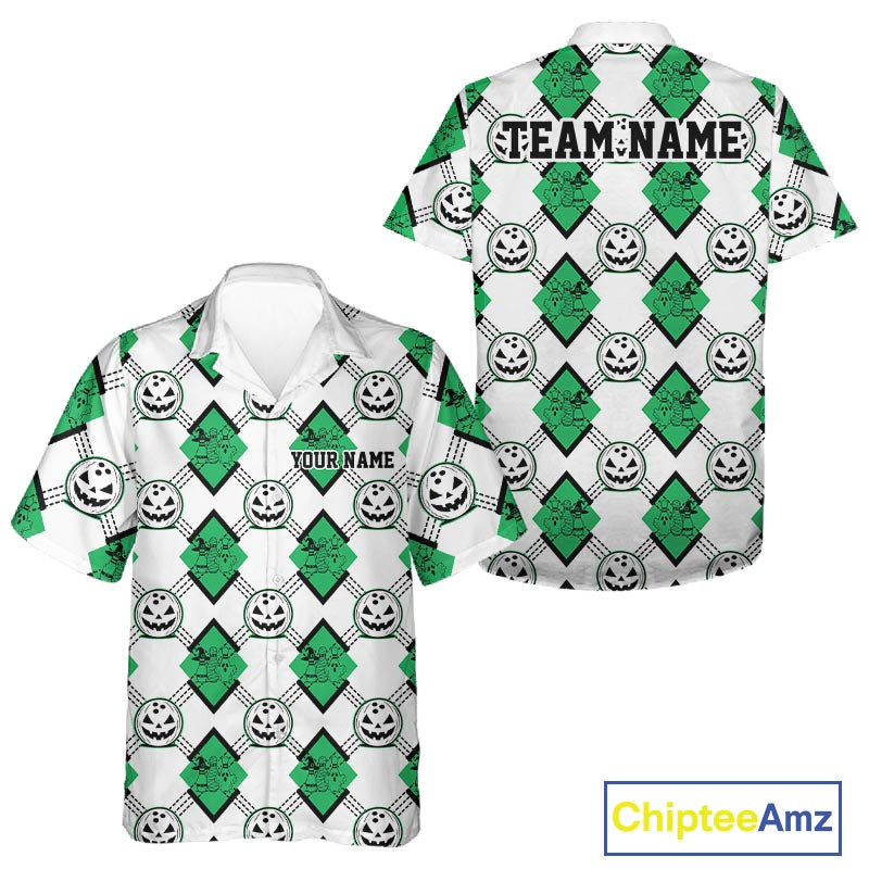Custom Cute Funny Jade Green Halloween Bowling Argyle Pattern Men And Women Button Up Shirt IPHW11921