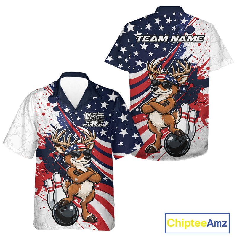 Splatter American Flag Custom Funny Patriotic Deer Bowling Men And Women Button Up Shirt, Team Uniform IPHW12257