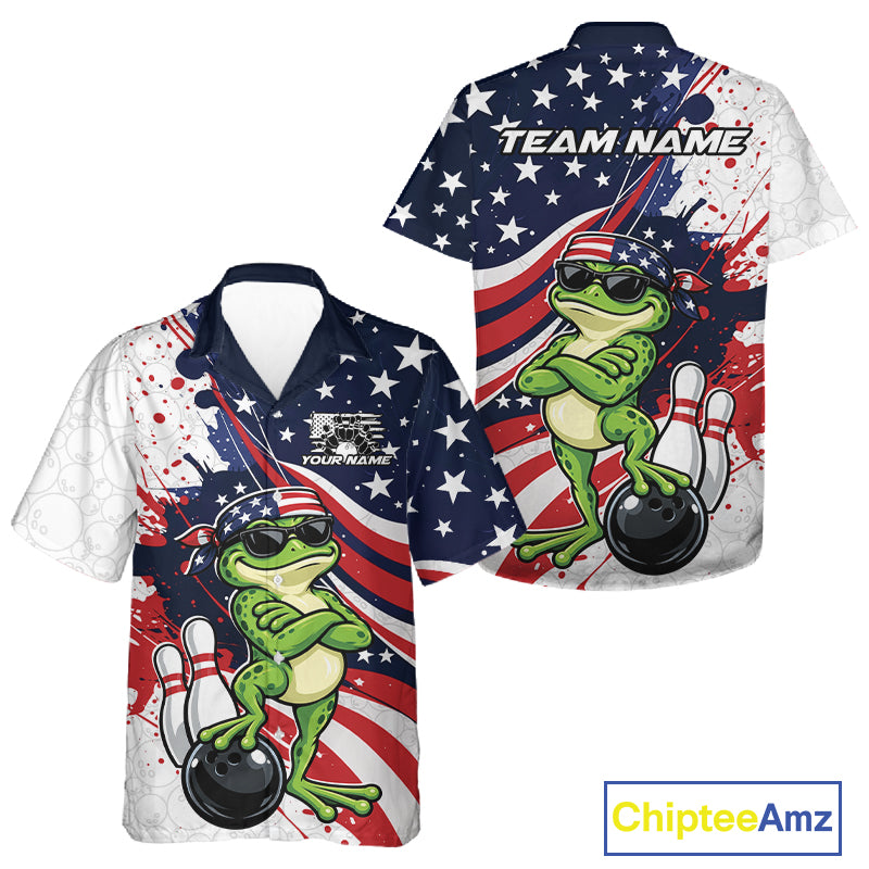 Splatter American Flag Custom Funny Patriotic Frog Bowling Men And Women Button Up Shirt, Team Uniform IPHW12259