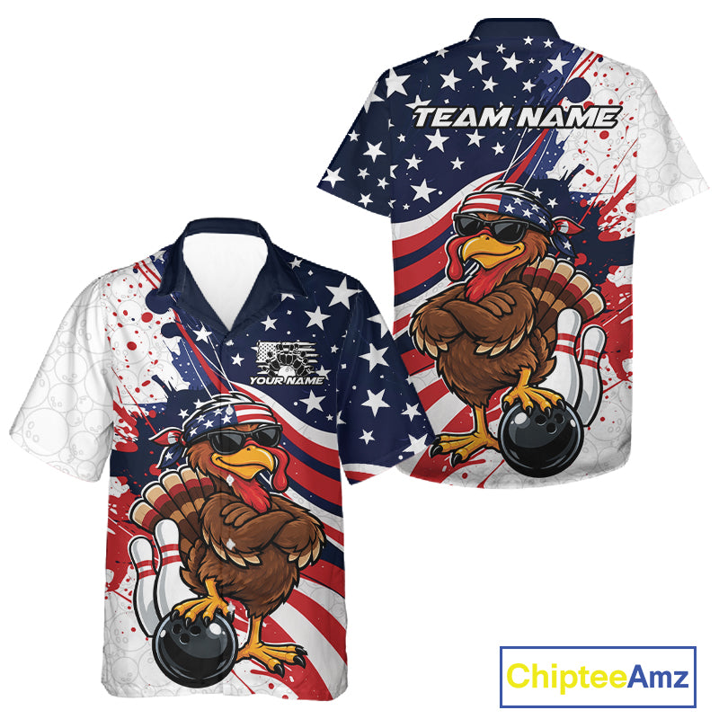 Splatter American Flag Custom Funny Patriotic Turkey Bowling Men And Women Button Up Shirt, Team Uniform IPHW12260