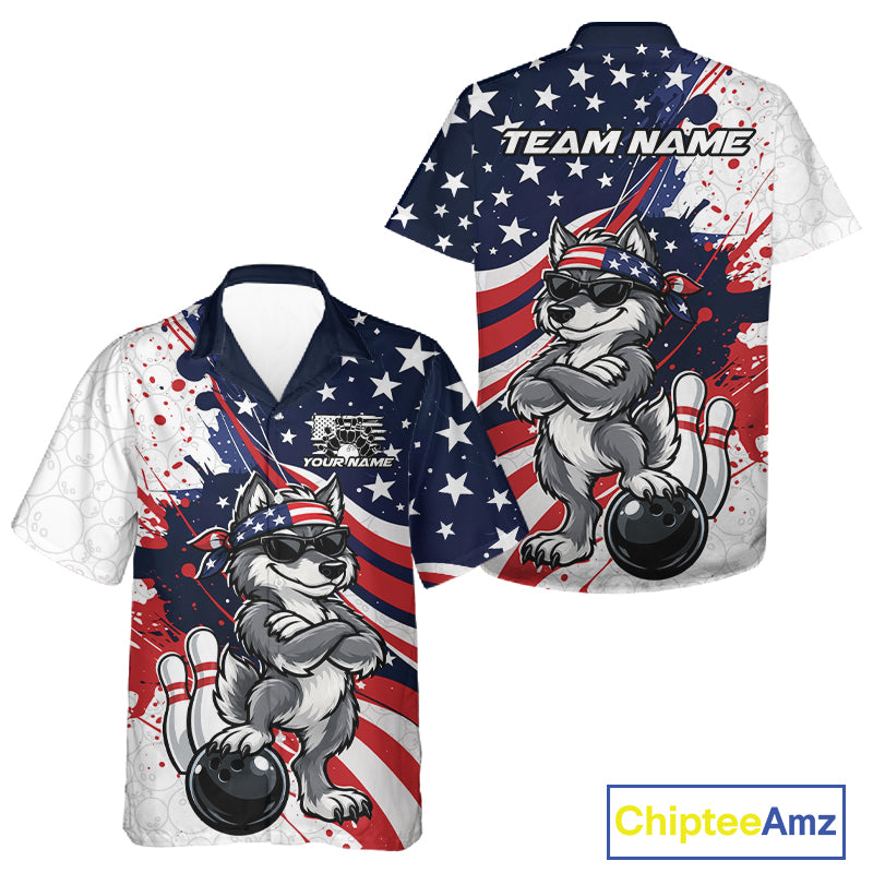 Splatter American Flag Custom Funny Patriotic Wolf Bowling Men And Women Button Up Shirt, Team Uniform IPHW12261