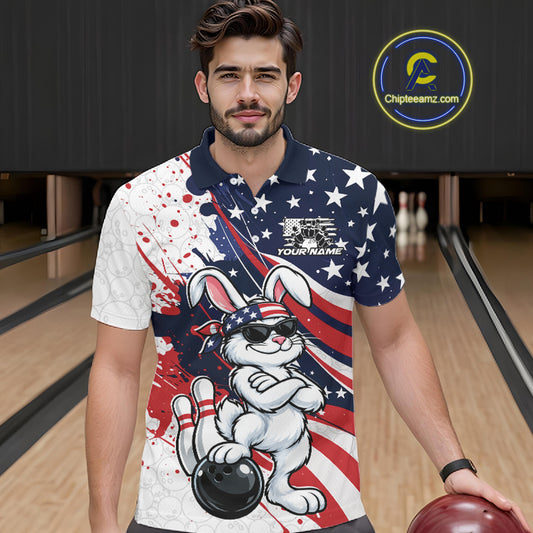 Splatter American Flag Custom Funny Patriotic Rabbit Bowling Men Polo Shirt, Team Uniform IPHW12262
