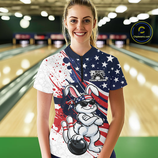 Splatter American Flag Custom Funny Patriotic Rabbit Bowling Women Quarter-Zip Shirt IPHW12262