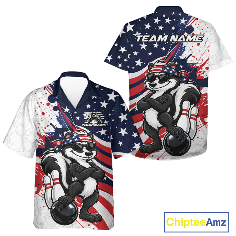 Splatter American Flag Custom Funny Patriotic Skunk Bowling Men And Women Button Up Shirt, Team Uniform IPHW12263