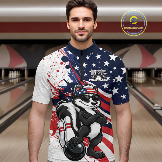 Splatter American Flag Custom Funny Patriotic Skunk Bowling Men Quarter Zip Shirt, Team Uniform IPHW12263