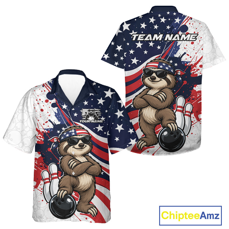 Splatter American Flag Custom Funny Patriotic Sloth Bowling Men And Women Button Up Shirt, Team Uniform IPHW12264