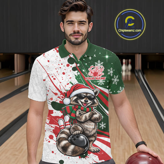 Custom Funny Christmas Raccoon Bowling Men Polo Shirt, Xmas Bowler Gift IPHW12267