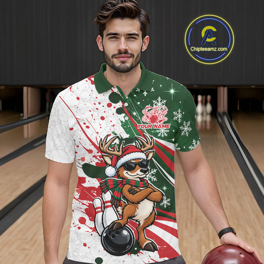 Custom Funny Christmas Deer Bowling Men Polo Shirt, Xmas Bowler Gift IPHW12268