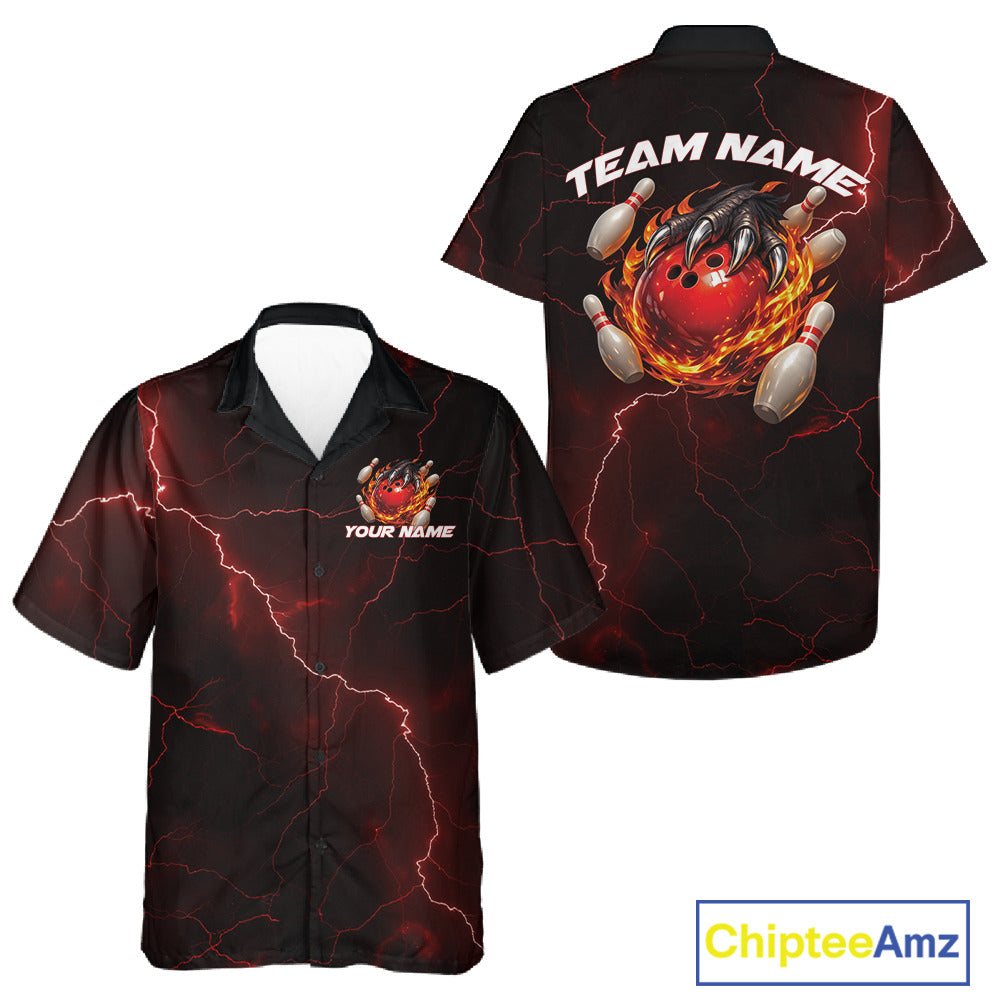 Black and red button-up bowling shirt shown from the front and back, displaying a dragon claw clutching a flaming bowling ball with pins and fantasy lightning accents.