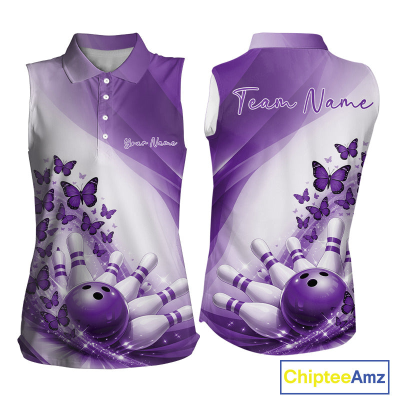 Front and back mockup of a womens white and purple sleeveless bowling shirt featuring butterfly artwork and colorful bowling graphics