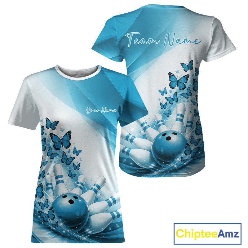 Front and back mockup of a womens white and blue crewneck bowling T-shirt with butterfly graphics and bowling artwork
