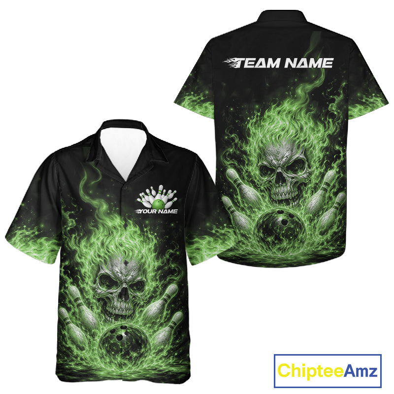 Custom Green Flame Skull Halloween Bowling Men And Women Button Up Shirt, Bowling Jersey IPHW11953