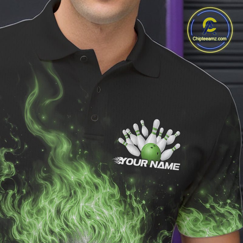 Custom Green Flame Skull Halloween Bowling Men Polo Shirt, Bowling Jersey IPHW11953