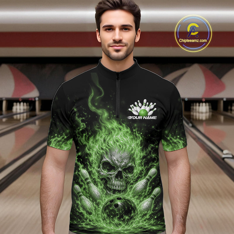 Custom Green Flame Skull Halloween Bowling Men Quarter Zip Shirt, Bowling Jersey IPHW11953