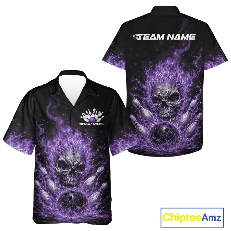 Custom Purple Flame Skull Halloween Bowling Men And Women Button Up Shirt, Bowling Jersey IPHW11954