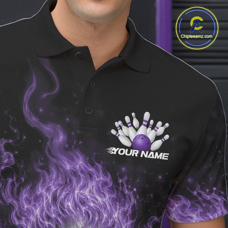 Custom Purple Flame Skull Halloween Bowling Men Polo Shirt, Bowling Jersey IPHW11954