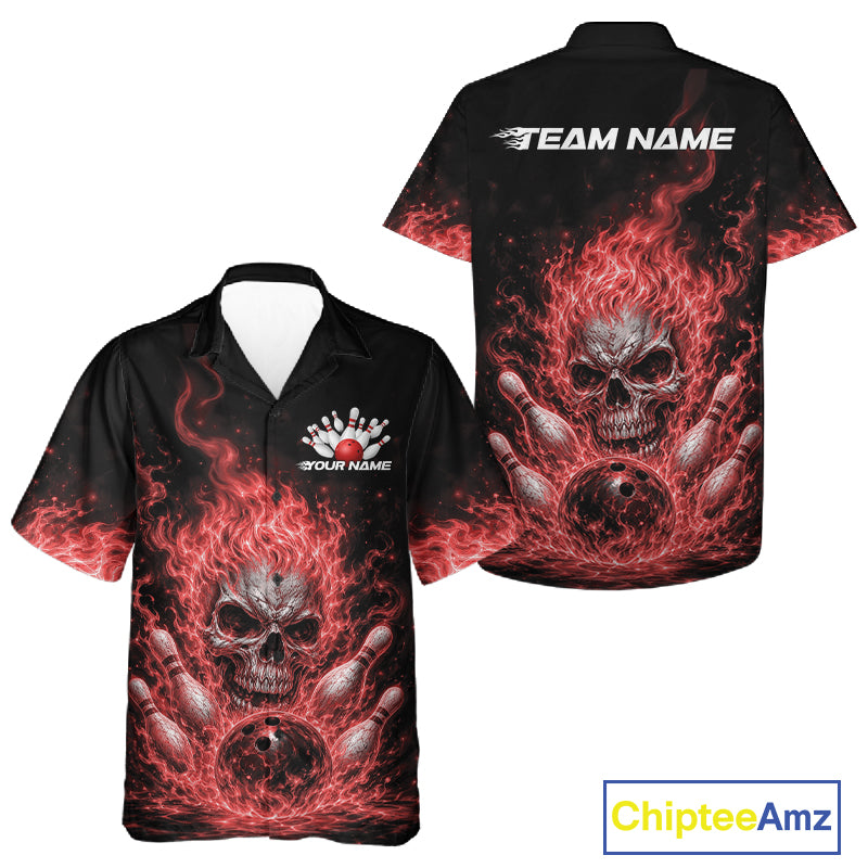 Custom Turquoise Blue Flame Skull Halloween Bowling Men And Women Button Up Shirt, Bowling Jersey IPHW11955