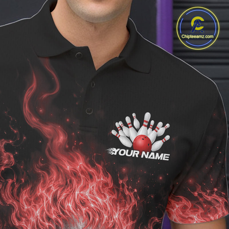 Custom Turquoise Blue Flame Skull Halloween Bowling Men Polo Shirt, Bowling Jersey IPHW11955