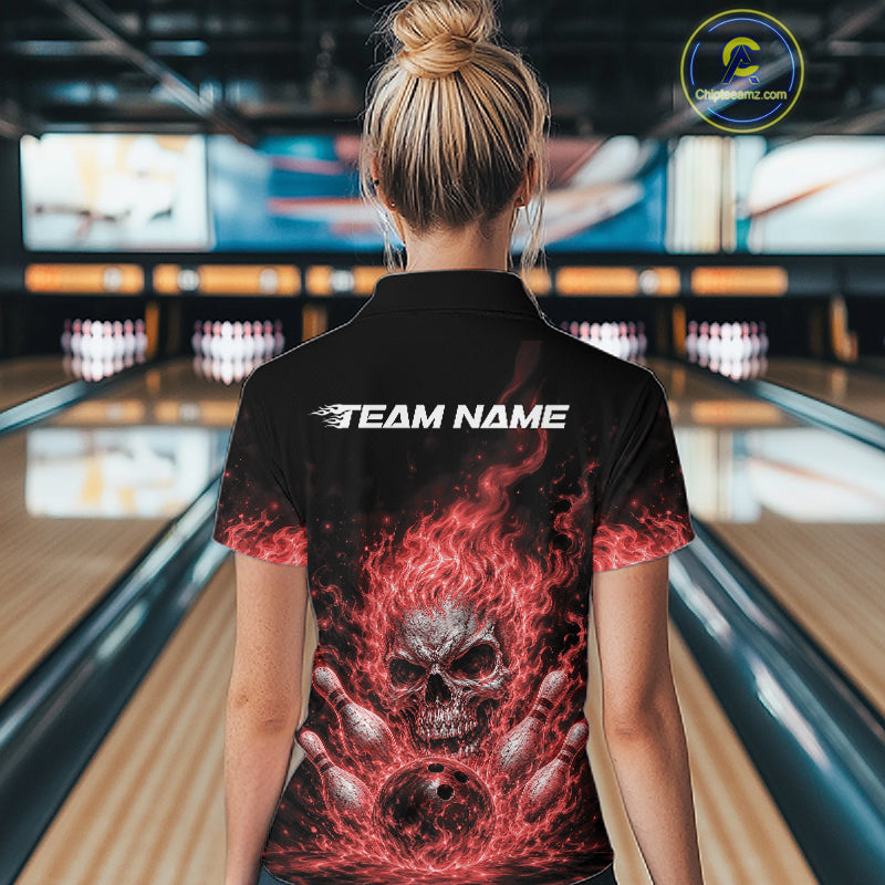 Custom Turquoise Blue Flame Skull Halloween Bowling Women Quarter-Zip Shirt IPHW11955