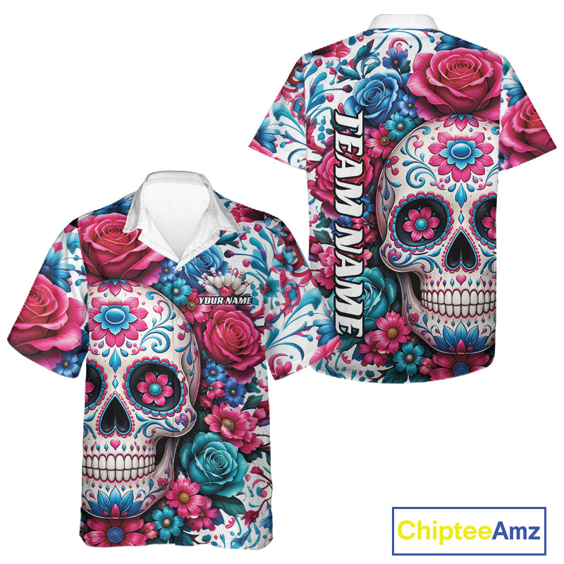 Custom Colorful Rose Sugar Skull Halloween Bowling Team Men And Women Button Up Shirt IPHW11965