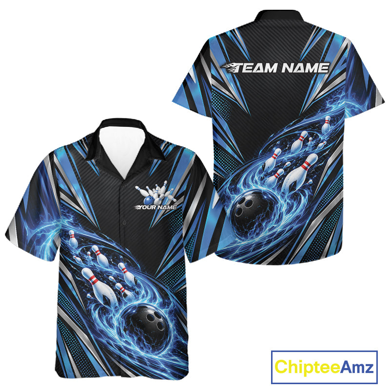 Custom Black And Blue Flame Bowling Men And Women Button Up Shirt, Bowling Jersey Bowlers Outfit IPHW12301