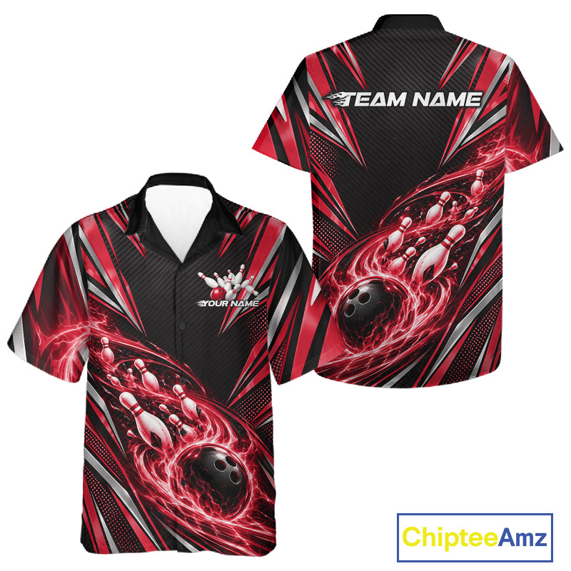 Custom Black And Red Flame Bowling Men And Women Button Up Shirt, Bowling Jersey Bowlers Outfit IPHW12302