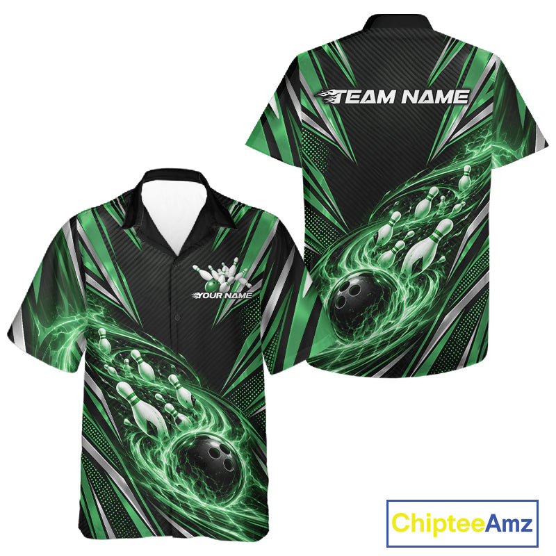 Custom Black And Green Flame Bowling Men And Women Button Up Shirt, Bowling Jersey Bowlers Outfit IPHW12303
