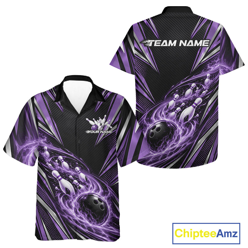 Custom Black And Purple Flame Bowling Men And Women Button Up Shirt, Bowling Jersey Bowlers Outfit IPHW12304