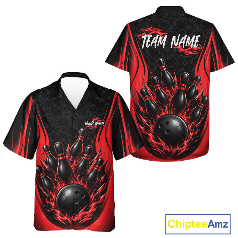 Front and back views of a short-sleeve bowling button up shirt on a white background. The shirt is black with red flame graphics, a black bowling ball and pins design, and customizable text reading TEAM NAME on the back.