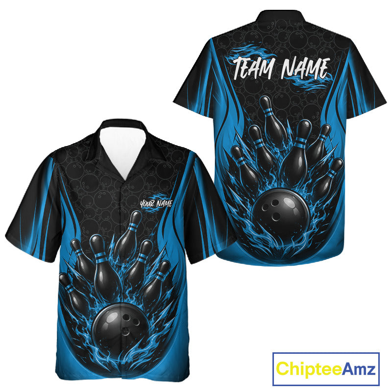 Custom bowling-themed short-sleeve button-up shirt shown from the front and back. The design features a black and blue flame pattern with a graphic of bowling pins, a bowling ball