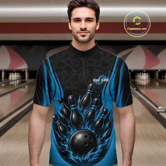 Custom Black And Blue Fire Flame Bowling Jerseys, Bowling Men Quarter Zip Shirts IPHW11687