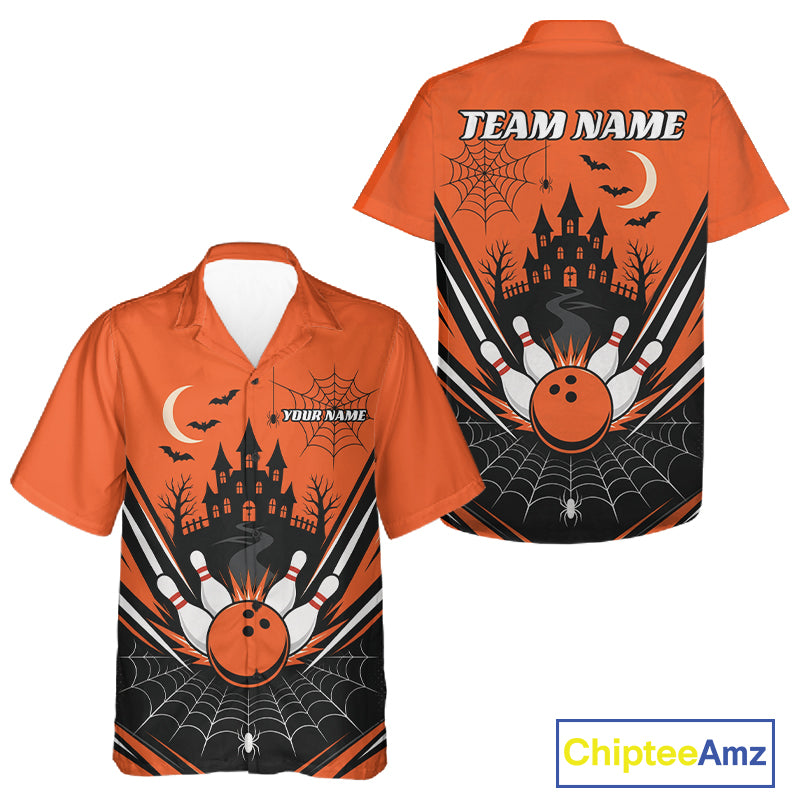Custom Orange Halloween Theme Haunted Castle And Spiderwebs Bowling Men And Women Button Up Shirt IPHW11986