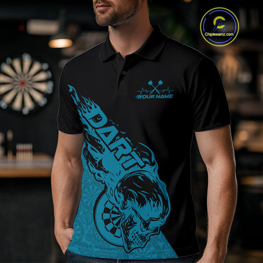 Custom Blue Flame Skull Dartboard Dart Men Polo Shirt, Halloween Dart Team Outfit IPHW9944